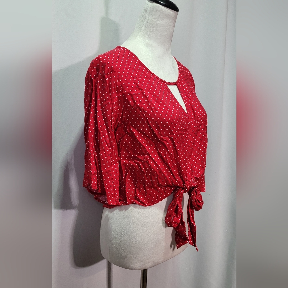 Mossimo Supply Co. Women's Red Polka Dot Tie-Front Peasant Blouse Size Small 🐈 - Picture 4 of 8